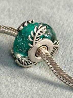 Teal Green Glass and Silver Leaf murano Charm fit Pandora bracelets